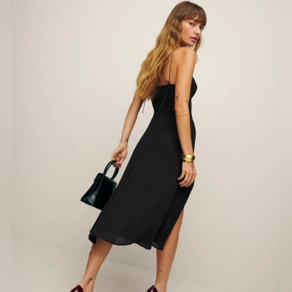 NEW Reformation Juliette Midi Dress in Black Tie Straps Side Slit | size 2 - Picture 3 of 13
